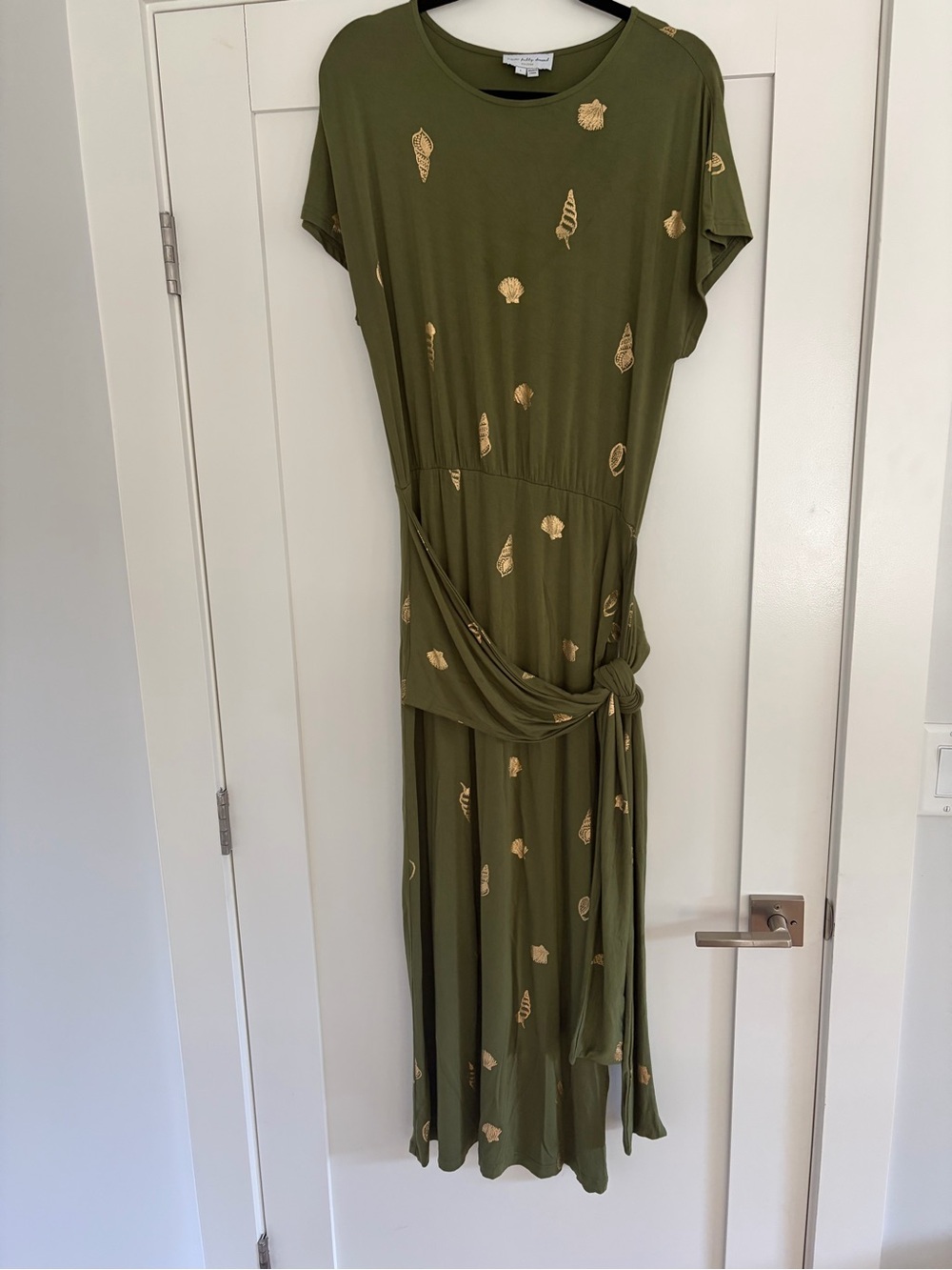 Never Fully Dressed Olive Green Maxi Dress with Gold Shell Print